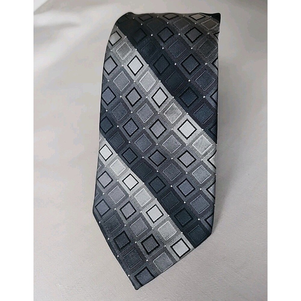 Calvin Klein 100% Silk Tie Gray And Black Checked Stripes. Timeless Piece. 61 In